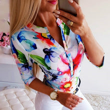 Load image into Gallery viewer, Fanbety Women Adjustable Sleeve Chains Pineapple Print Button blouse shirts Women Elegant Leisure Top sexy V-Neck Basic Blusas