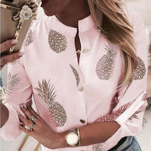 Load image into Gallery viewer, Fanbety Women Adjustable Sleeve Chains Pineapple Print Button blouse shirts Women Elegant Leisure Top sexy V-Neck Basic Blusas